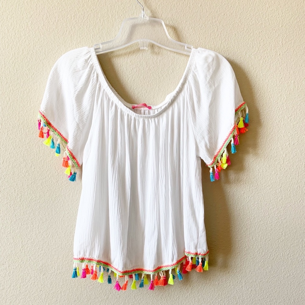 SOCIAL TEEN Off the Shoulder Tassel Blouse